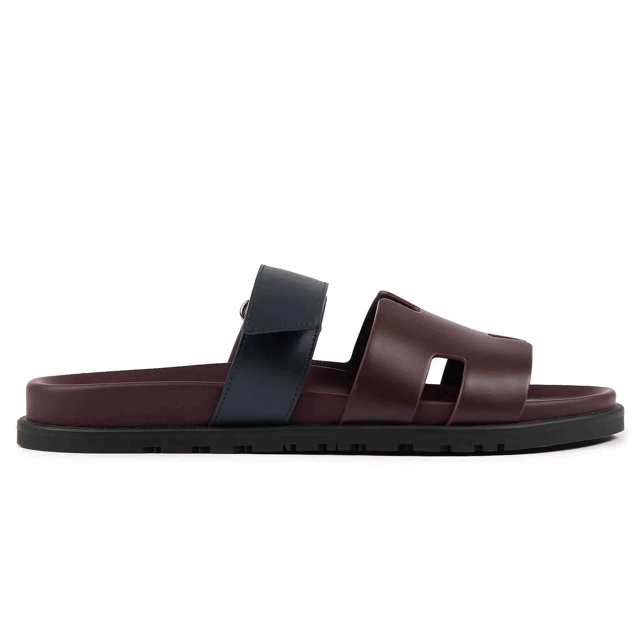 Side view of Hermes Paris Chypre Calfskin Burgundy Sandals